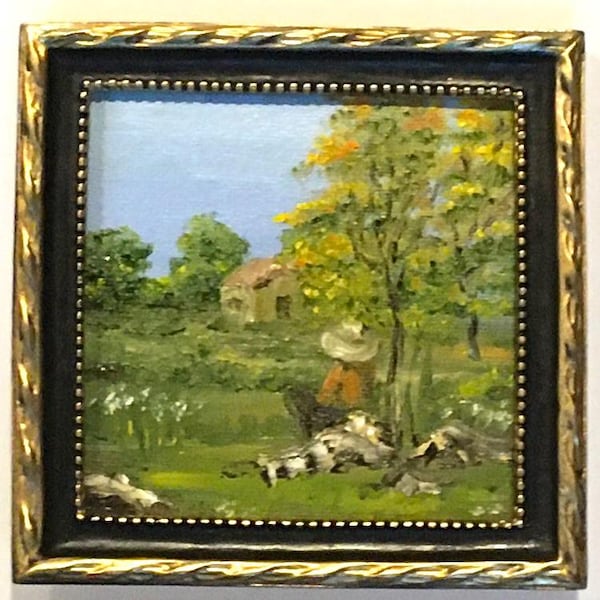Framed original landscape trees oil painting small canvas board art