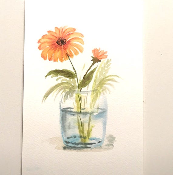 ガラス瓶の中の花 9x6インチ オリジナル水彩画（印刷ではありません