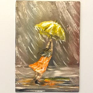 Pintura a óleo emoldurada de uma menina com guarda-chuva pintada à mão: Impasto, pequena arte em tela