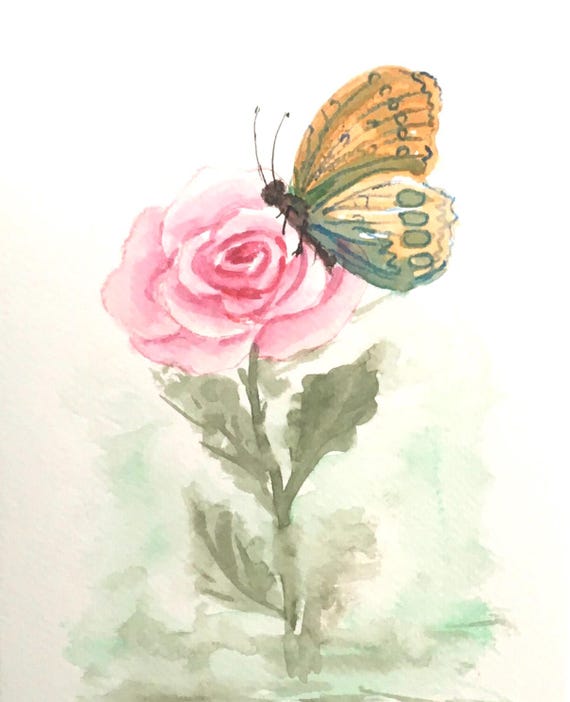 花の絵 黄色い花の蝶のオリジナル絵画 6x9 水彩画（印刷ではありません