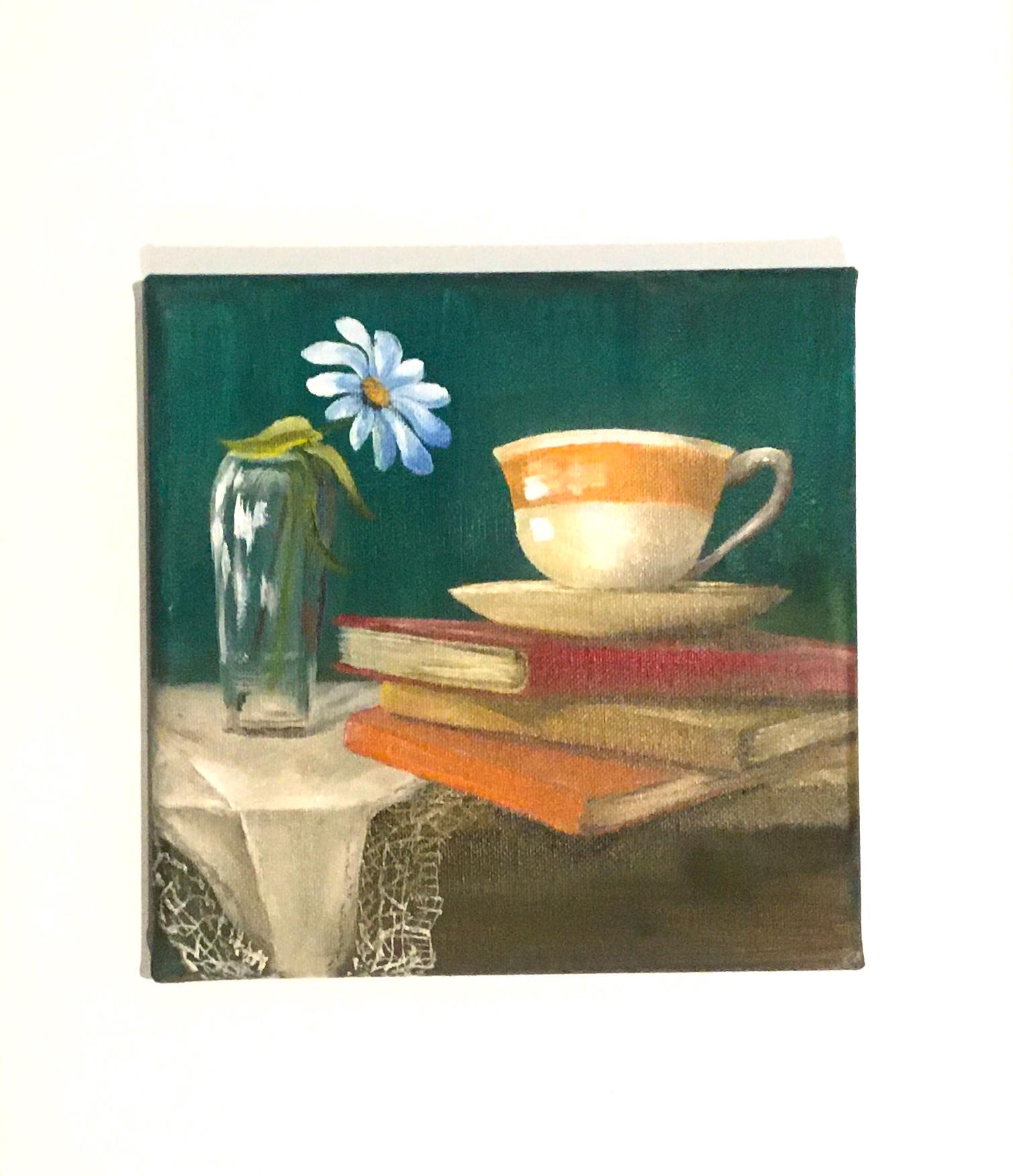 オリジナル油絵：ティーカップ、本、花瓶の静物画 - Etsy 日本