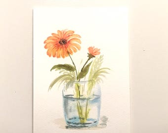 ガラス瓶の中の花 9x6インチ オリジナル水彩画（印刷ではありません