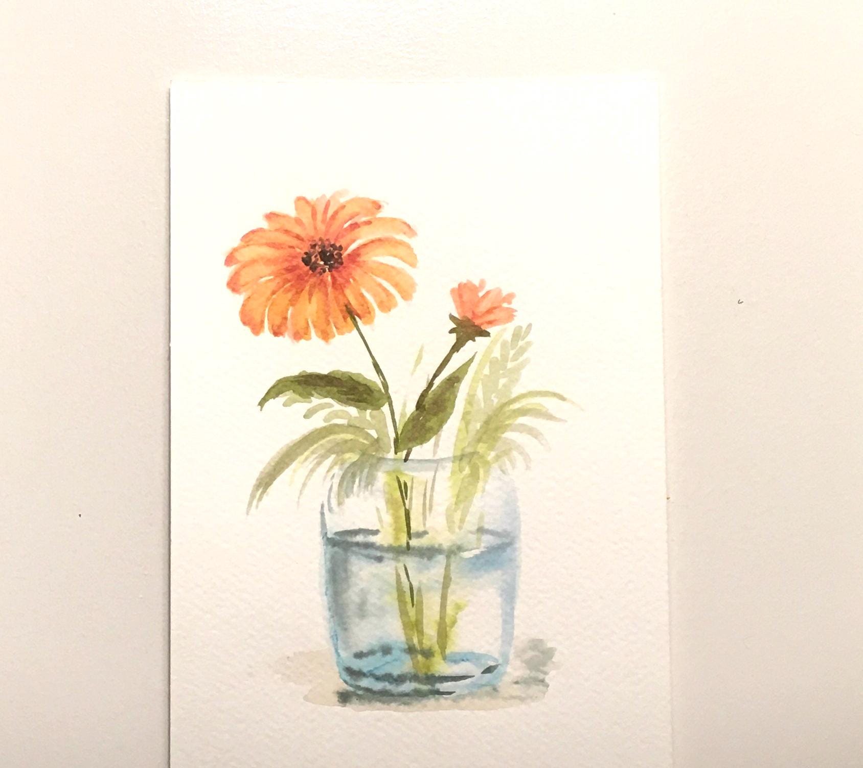 ガラス瓶の中の花 9x6インチ オリジナル水彩画（印刷ではありません