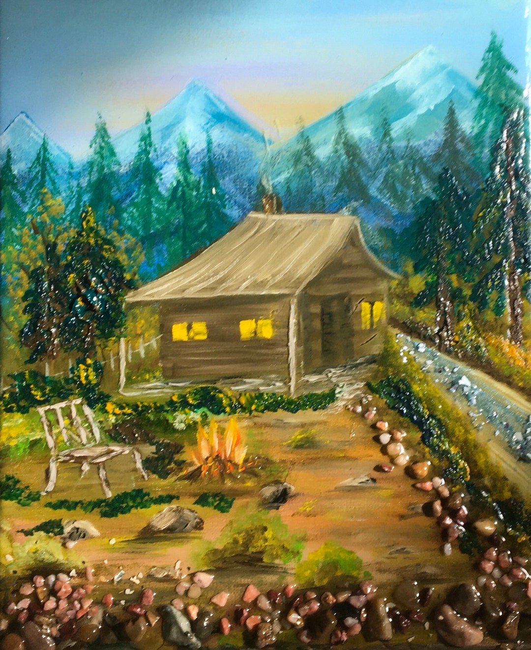 Original Painting Oil Glass Resin Art Landscape Woods Cabin Cottage ...
