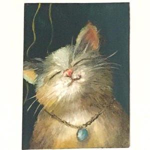 Peinture à l'huile originale 5 x 7 pouces chat heureux art prêt à accrocher au mur cadeau ooak