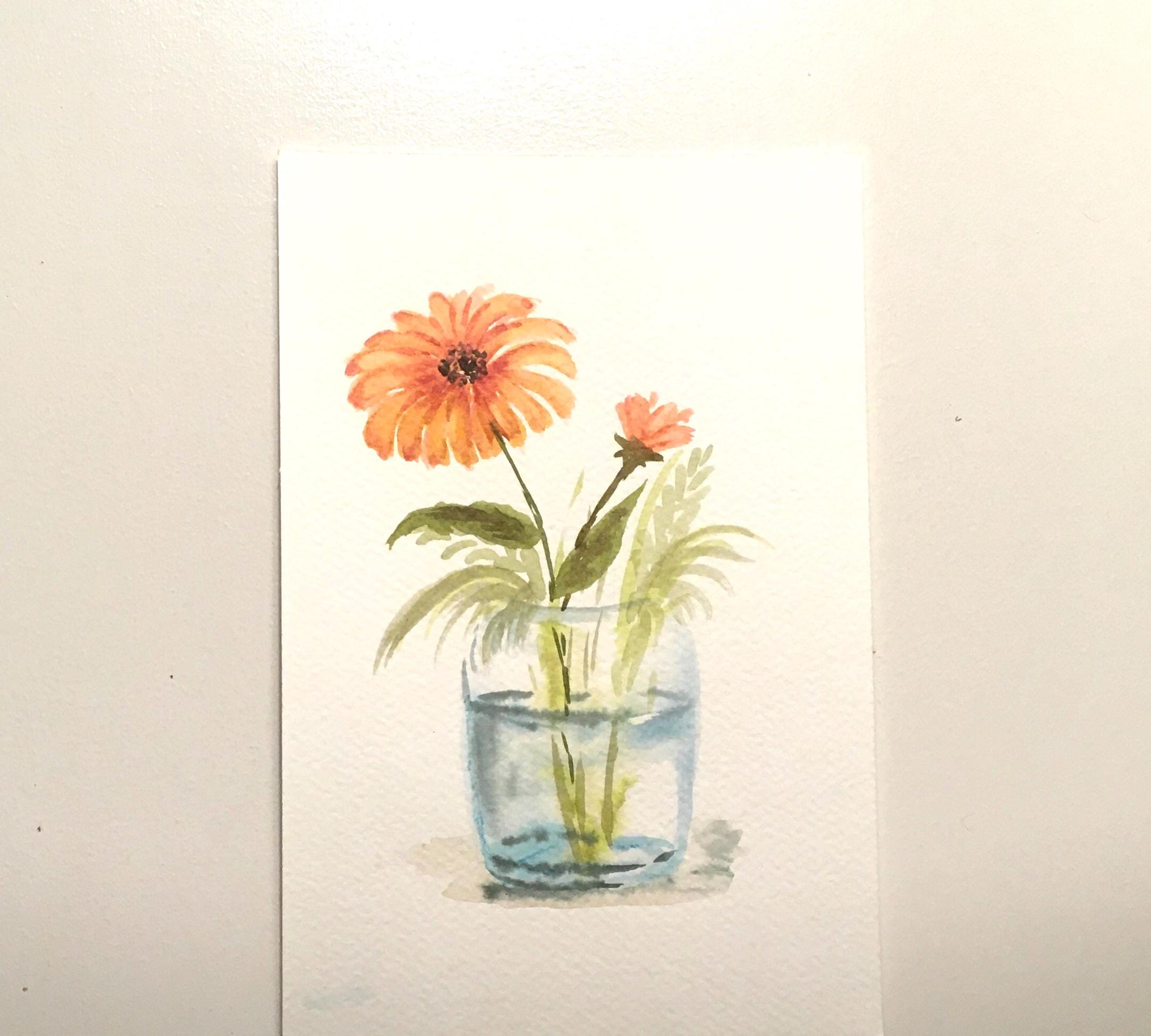 ガラス瓶の中の花 9x6インチ オリジナル水彩画（印刷ではありません