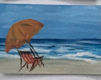 Aceo small miniature Original oil painting ooak beach relaxing chair umbrella hand painted