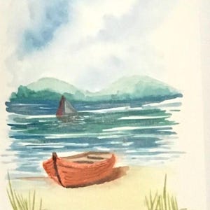 Paesaggio marino barca rossa 7x10 pollici Dipinto originale acquerello (non stampa)