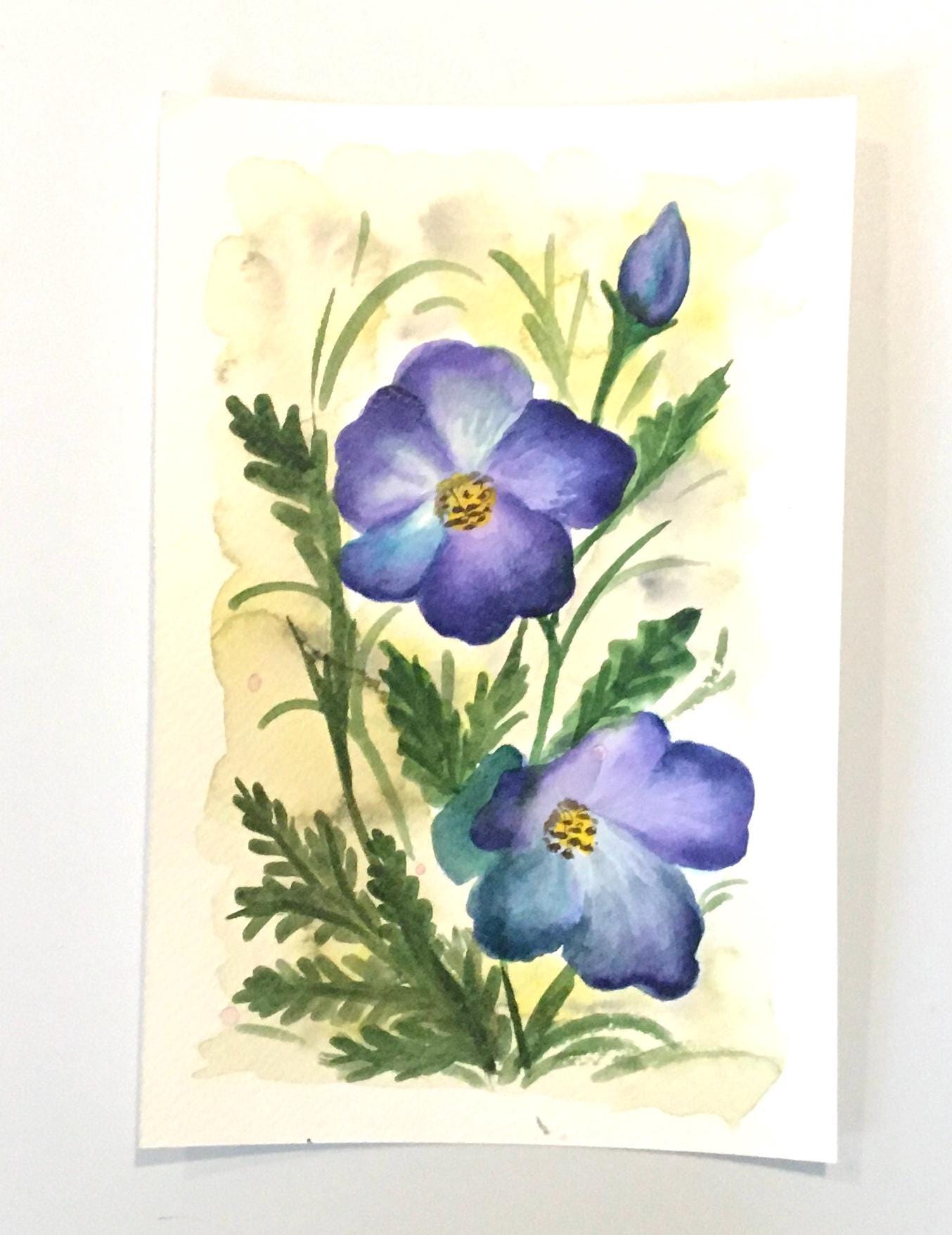青い花の植物のオリジナル絵画水彩画ピンクの花（印刷ではありません