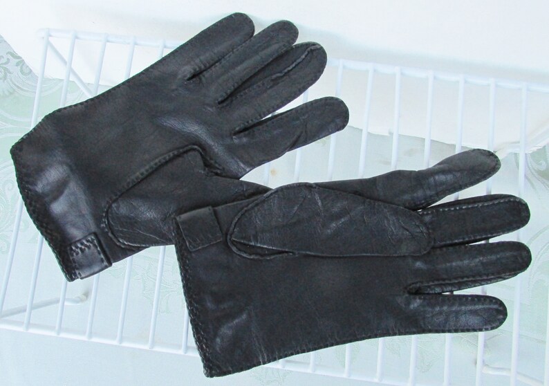 Vintage Black Leather Gloves, Medium Size Mens Black Leather Gloves