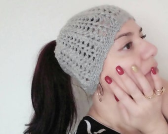 Crochet Bun Beanie,Messy Bun Beanie, Crochet Messy Bun Beanie, Messy Ponytail Hat,Crochet Ponytail,runner hat ,winter hat Grey women hat