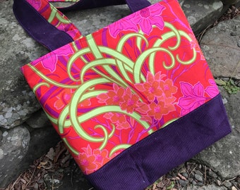 Bright and cheerful tote bag in hot pink, lime green, and purple graphic floral