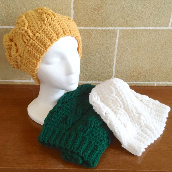 Slouchy Beanie XLong - Slouchy Hat - Cabled - Crochet - Sport / Team Themed - Green / Gold / White - One Size Fits Most - XLong