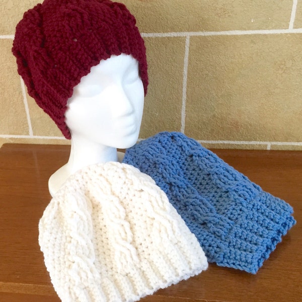 Slouchy Beanie - Slouchy Hat - Cabled - Crochet - Sport / Team Themed - Burgundy / Light Blue / White - One Size Fits Most