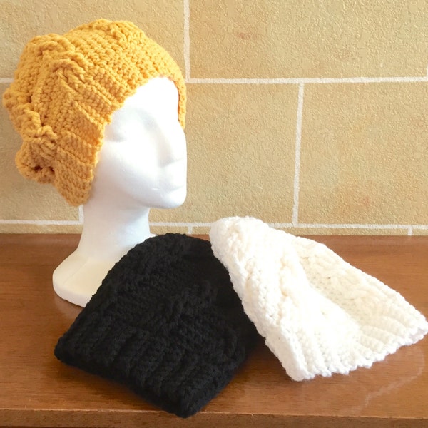 Slouchy Beanie XLong - Slouchy Hat - Cabled - Crochet - Sport / Team Themed - Black / Gold / White - One Size Fits Most - XLong