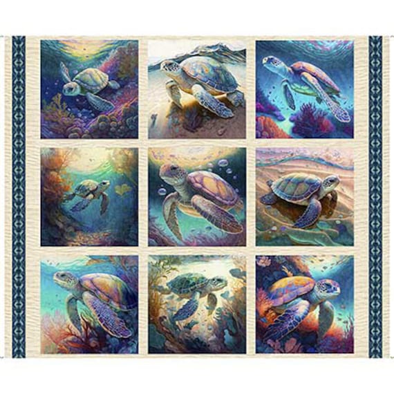 Endless Blues Panel (30040-E Sea Turtle Picture Patches Cream) by Morris Creative Group for QT Fabrics