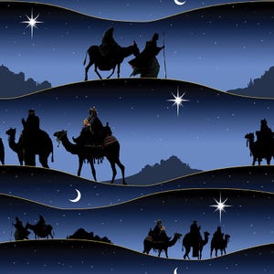 May include: A repeating pattern featuring silhouettes of the Three Wise Men riding camels under a starry night sky. The design includes stars, crescent moons, and a dark blue gradient background, evoking a sense of the Nativity.