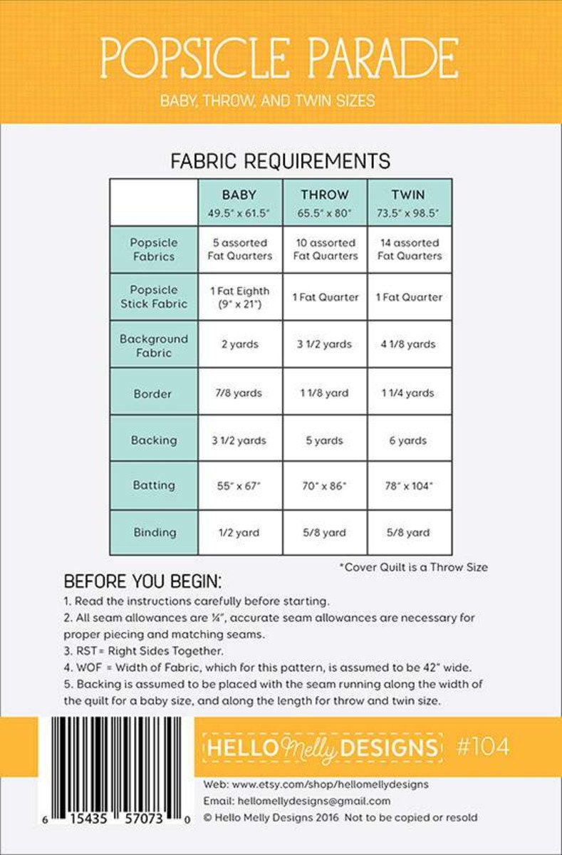 Popsicle Parade Quilt PAPER Pattern by Hello Melly Designs for Riley