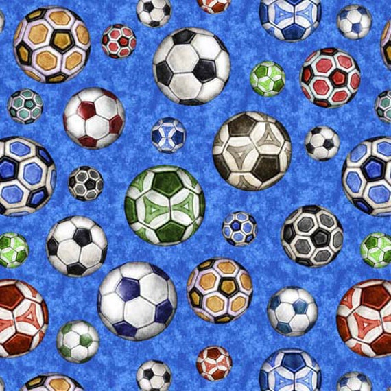 Just for Kicks - 1/2 Yard Increments, Cut Continuously (29752-B Soccer Balls Blue) by Dan Morris for QT Fabrics