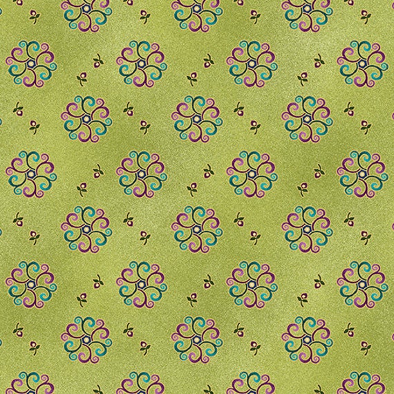 Shangri-La - 1/2 Yard Increments, Cut Continuously (16116M-44 Medallion Burst Lime with Gold Sparkle) by Painted Sky Studio for Benartex