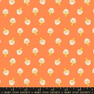 May include: A seamless pattern featuring white mushrooms with yellow stems on a bright orange background.