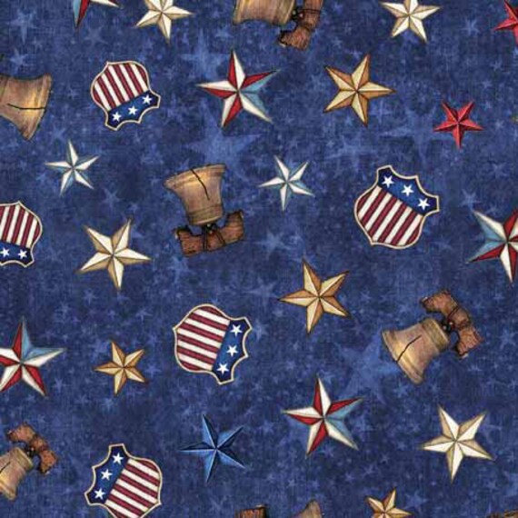 American Spirit - 1/2 Yard Increments, Cut Continuously (30130-W Liberty Bell and Stars Dk Blue) by Morris Creative Group for QT Fabrics