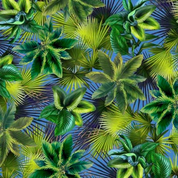 Jurassic Journey - 1/2 Yard Increments, Cut Continuously (29769-B Palm Leaves Blue) by Eva Nikolskaya for QT Fabrics