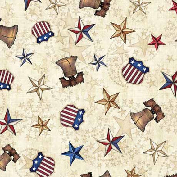 American Spirit - 1/2 Yard Increments, Cut Continuously (30130-E Liberty Bell and Stars Tan) by Morris Creative Group for QT Fabrics