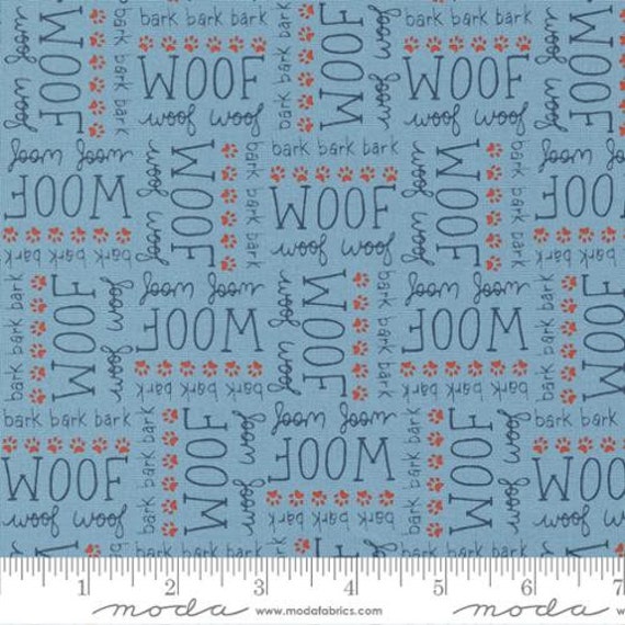 Dog Daze-1/2 Yard Increments, Cut Continuously (20843-16 Woof Text Blue) by Stacy Iest Hsu for Moda