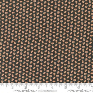 May include: Black fabric with a repeating pattern of small orange pumpkins. The fabric has a subtle texture and a matte finish.