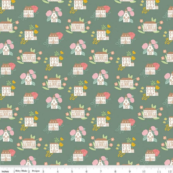 Emma- 1/2 Yard Increments, Cut Continuously (C12212 Dark Green Houses) by Citrus and Mint Designs for Riley Blake Designs