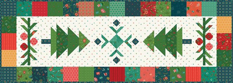 May include: A white table runner with a green and white geometric design featuring stylized Christmas trees and snowflakes. The runner has a red, green, and white border.