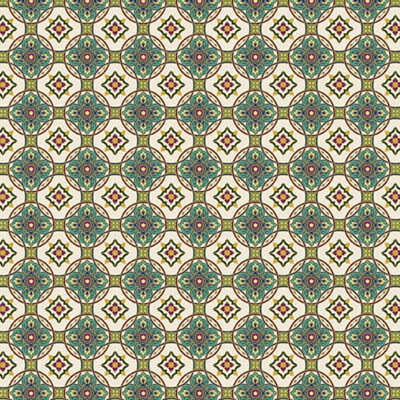 Shangri-La - 1/2 Yard Increments, Cut Continuously (16115M-07 Tile Medallion Multi with Gold Sparkle) by Painted Sky Studio for Benartex