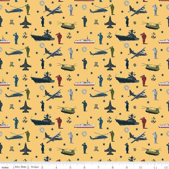 Coming Home-1/2 Yards Increments, Cut Continuously (C14420 Armed Forces Main Yellow) by Vicki Gifford for Riley Blake Designs