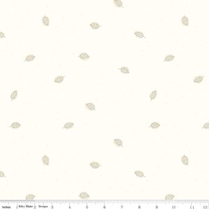 May include: Off-white fabric with a repeating pattern of stylized, light brown leaves and small dots. The leaves have a delicate, outlined design with a subtle shadow effect, creating a soft, natural aesthetic. The fabric is measured in inches.