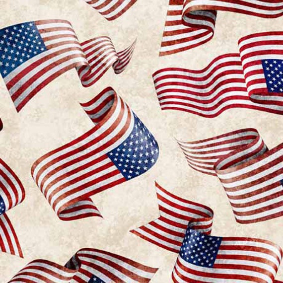 American Spirit - 1/2 Yard Increments, Cut Continuously (30129-E Flag Toss Cream) by Morris Creative Group for QT Fabrics