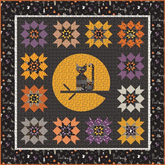 Meowing at the Moon Boxed Quilt Kit - Finished Size 69.5" x 69.5” - by Sandy Gervais of Pieces from My Heart