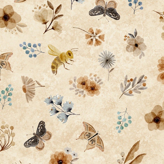 Bear Hugs - 1/2 Yard Increments, Cut Continuously (30065-A Flowers and Insects Toss Tan) by Morris Creative Group for QT Fabrics
