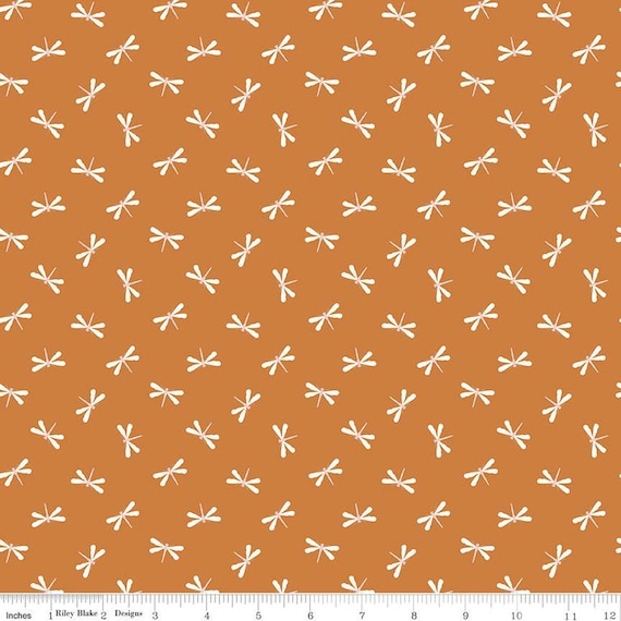 Little Swan-1/2 Yard Increments, Cut Continuously (C13744 Dragonflies Golden Brown) by Little Forest Atelier for Riley Blake Designs