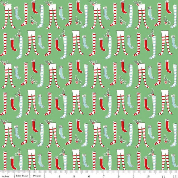 Pixie Noel 2 FLANNEL - 1/2 Yard Increments, Cut Continuously (F12581 Green Stockings) by Tasha Noel for Riley Blake Designs