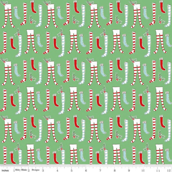 Pixie Noel 2 FLANNEL - 1/2 Yard Increments, Cut Continuously (F12581 Green Stockings) by Tasha Noel for Riley Blake Designs