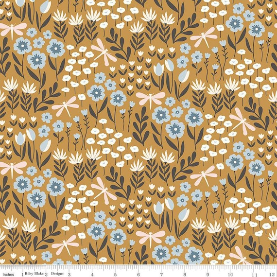 Little Swan-1/2 Yard Increments, Cut Continuously (C13741 Lakeside Floral Curry) by Little Forest Atelier for Riley Blake Designs