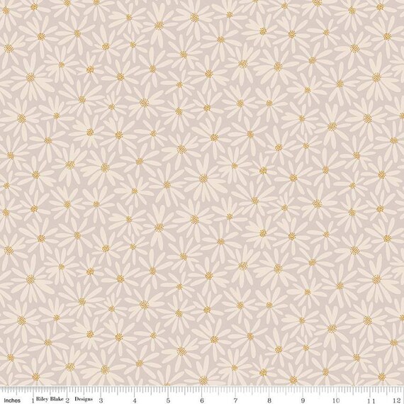 Fairy Dust - 1/2 Yards, Not Cut Continuously (SC12441 Gray Daisies - Antique Gold) - by Ashley Collett Designs for RBD