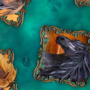 May include: A black horse head with a long mane is framed in a gold and green ornate frame. The frame is set against a teal background.