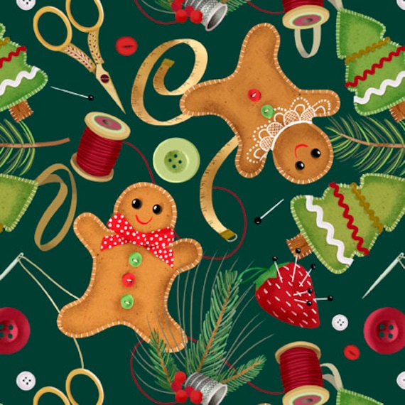 Happiness Is Homemade- 1/2 Yard Increments, Cut Continuously (28908 F - Sewing and Christmas Toss-Green) by Jean Ruth for QT Fabrics