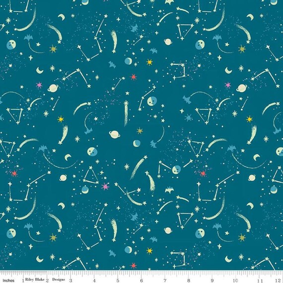 Tiny Treaters -Fat Quarter- GC10485 Teal Milky Way/ Glow in the Dark - by Jill Howarth for Riley Blake Designs