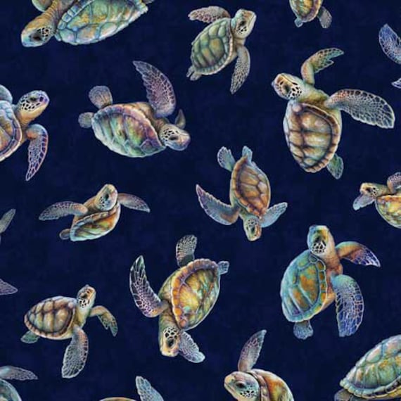 Endless Blues - 1/2 Yard Increments, Cut Continuously (30044-N Sea Turtle Toss Navy) by Morris Creative Group for QT Fabrics