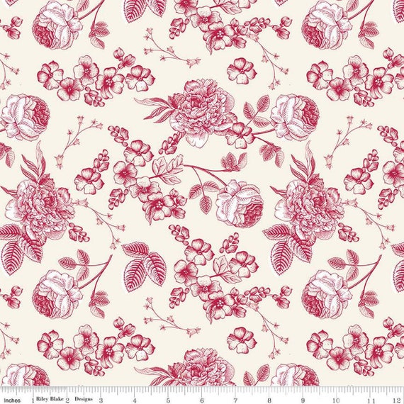 Heirloom Red-1/2 Yard Increments, Cut Continuously (C14341 Line Floral Cream) by My Mind's Eye for Riley Blake Designs