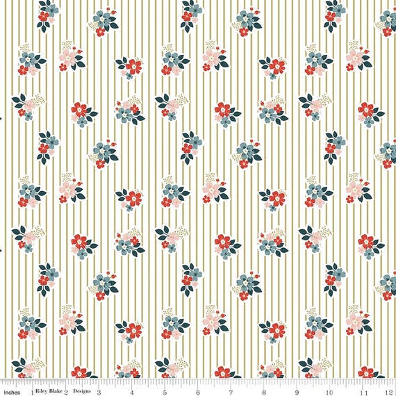 Vintage Charm - 1/2 Yard Increments, Cut Continuously (C15274 Floral Stripes Pear) by Dani Mogstad for Riley Blake Designs