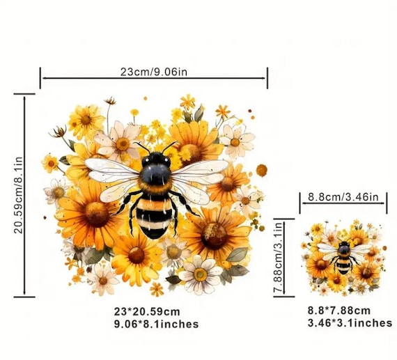Bee with Flowers Iron on, Heat Transfer Decal for Shirts, Bags, Hats and More, 2 Sizes